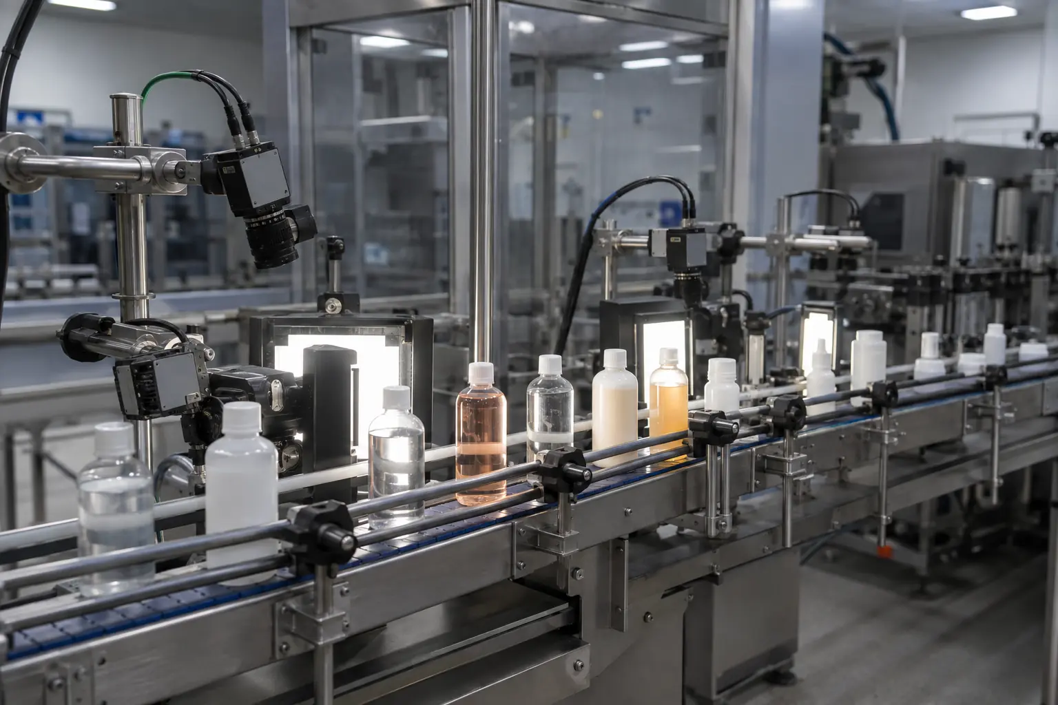 Cameras and light panels beside capped bottles on a conveyor.