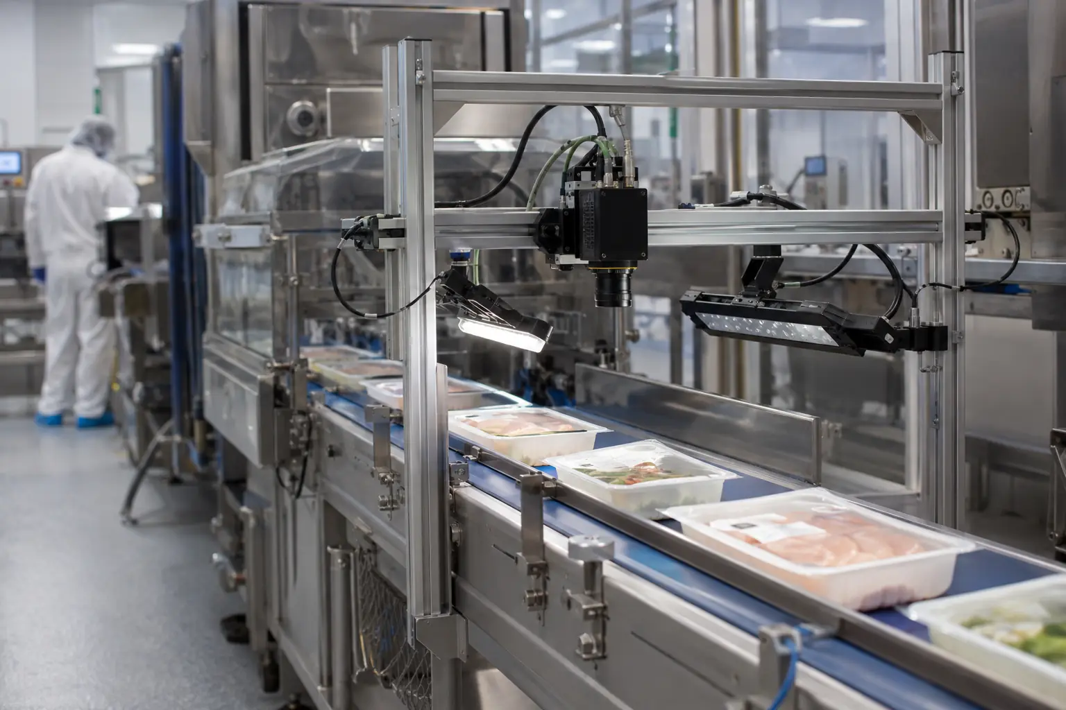 A camera and lights above lidded food trays on a conveyor.