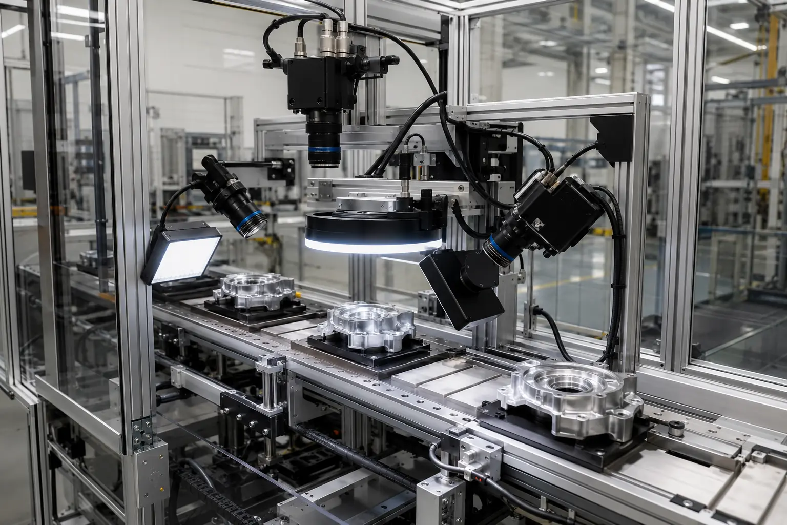 Cameras and lights above metal components held on a conveyor.